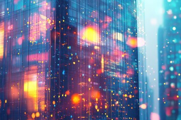 Poster - Abstract urban scene with colorful lights and reflections on glass buildings.