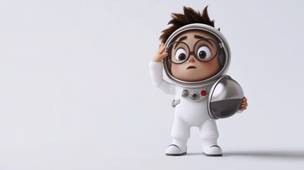 Poster - A cartoon child astronaut in a spacesuit, looking curious and holding a helmet.
