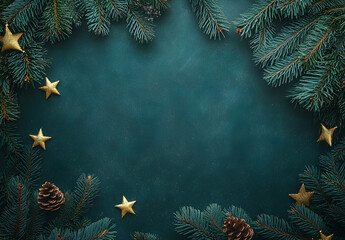 Poster - Christmas background with pine branches, golden decorations, Christmas concept.