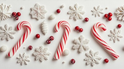 Poster - A festive arrangement of candy canes, snowflakes, and red berries on a light background.