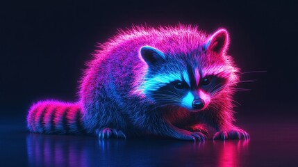 Poster - A vibrant, neon-lit raccoon with a colorful glow against a dark background.