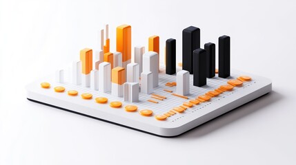 Poster - A 3D data visualization model with bars and buttons in orange, white, and black colors.
