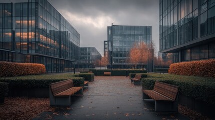 Poster - A modern urban landscape featuring glass buildings and landscaped seating areas in autumn.