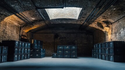 Aufkleber - A dimly lit storage area with stacked crates and a skylight.