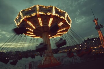 Aufkleber - A spinning swing ride at dusk, illuminated with lights, creating a festive atmosphere.