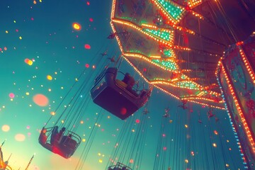Aufkleber - A vibrant carnival scene featuring a swing ride illuminated with colorful lights at dusk.