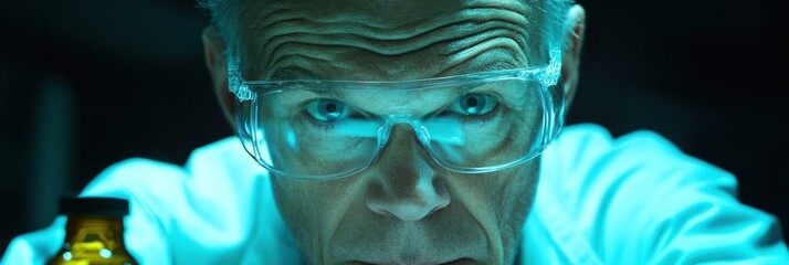 Poster - A focused scientist in protective eyewear examines a vial under blue lighting.