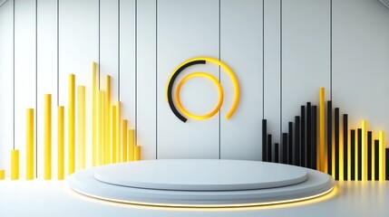Poster - Modern stage design featuring circular and bar graph elements in yellow and black.