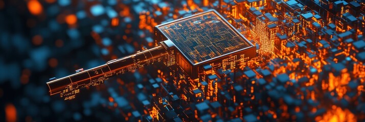 Poster - A digital representation of a large key amidst glowing, pixelated structures.