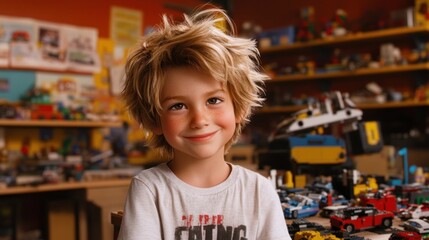 Poster - A smiling boy with messy hair sits in a colorful playroom filled with toys and models.