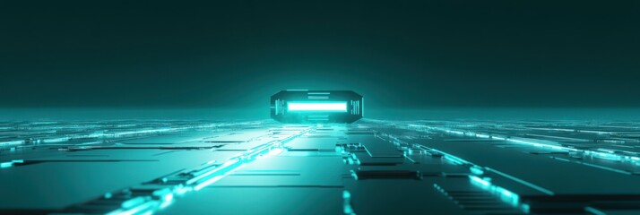 Poster - A futuristic scene featuring a glowing structure on a digital landscape.