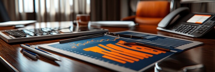Aufkleber - A modern office desk with documents, pens, and a phone, indicating a business environment.