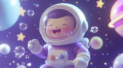 Poster - A cheerful cartoon astronaut floats in space, surrounded by bubbles and stars.