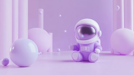 Aufkleber - A cute astronaut figure sits in a pastel purple environment with spheres and bubbles.