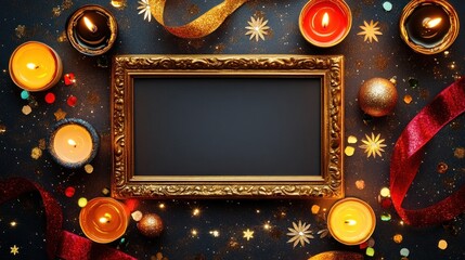 Poster - A decorative arrangement featuring candles, a blank frame, and festive elements.
