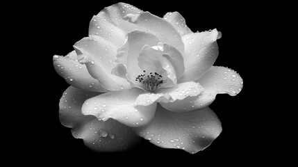 Fototapete - A monochromatic image of a water-droplet-covered white flower on a dark background.