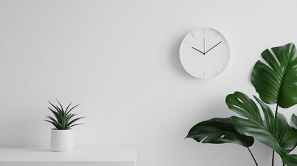 Poster - A minimalist interior featuring a clock, plant, and clean walls.
