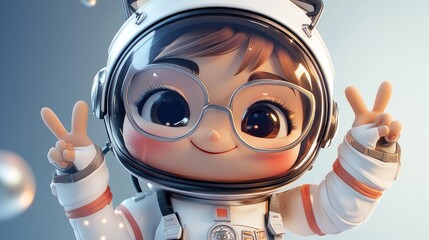 Poster - A cheerful cartoon character in a space suit making peace signs.