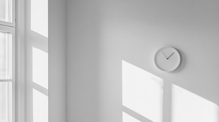 Poster - A minimalist room featuring a clock and sunlight shadows on the wall.