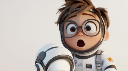 Aufkleber - A surprised child in a spacesuit, gazing at a robot companion in a whimsical scene.