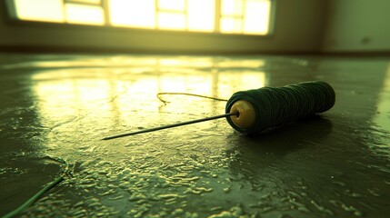 Sewing needle and thread on floor indoor crafting space close-up perspective art concept