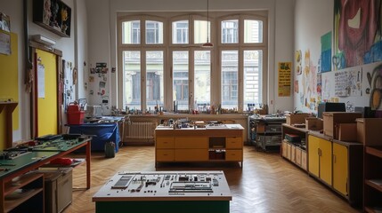 Poster - A spacious workshop filled with tables and tools for creative projects and activities.