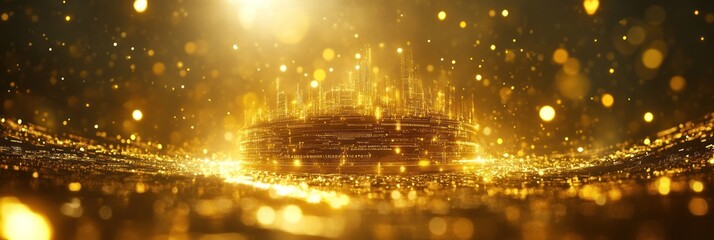 Poster - A shimmering golden landscape with sparkling lights and a central illuminated structure.