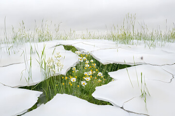 Wall Mural -  Cracked ice revealing vibrant wildflowers and grass, symbolizing the beauty of nature's resilience and renewal in a frozen landscape, blending fragility and strength