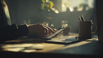 Poster - A person using a tablet in a cozy, sunlit workspace with plants and a mug.