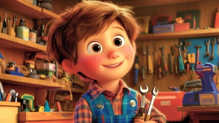 Poster - A cheerful young boy in a workshop holding tools, surrounded by various equipment and gadgets.