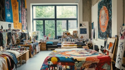 Aufkleber - An artist's studio filled with colorful artworks and creative materials.