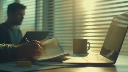 Aufkleber - A person working at a desk with a laptop, documents, and a coffee mug in a sunlit room.