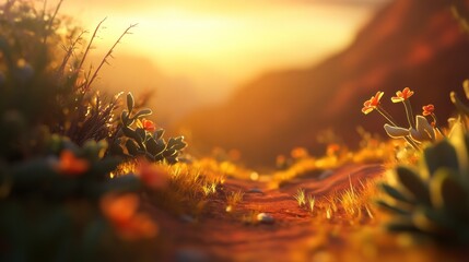 Poster - A serene landscape at sunset with blooming flowers and a winding path.