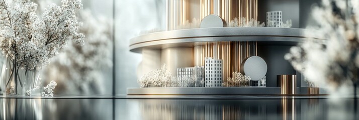 Poster - A modern architectural model showcasing sleek buildings and reflective surfaces.
