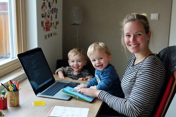 Aufkleber - A woman and two children engage with a laptop and books at a home workspace.
