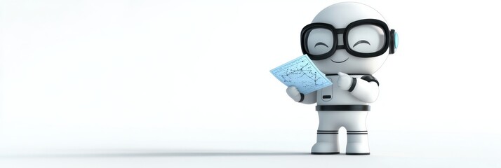 Poster - A cheerful robot character with glasses holding a map, conveying curiosity and exploration.