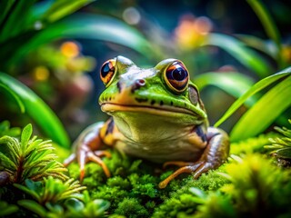 Wall Mural - Long Exposure of a Frog in Nature, Capturing the Moment as It Stares Curiously at the Camera with Softly Blurred Surroundings, Highlighting Its Vibrant Colors and Texture