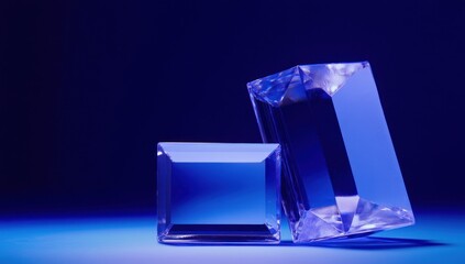 Aufkleber - Two geometric glass prisms reflecting light in a blue-toned environment.