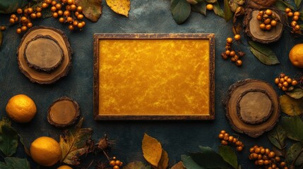 Poster - A warm autumn-themed flat lay with leaves, fruits, and a blank frame for text or art.