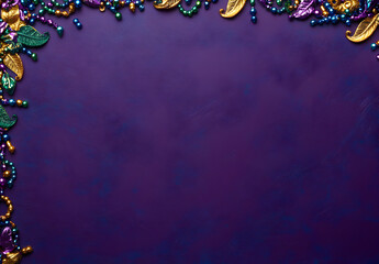 Wall Mural - Mardi Gras background with beads and masks on a purple background with copy space.