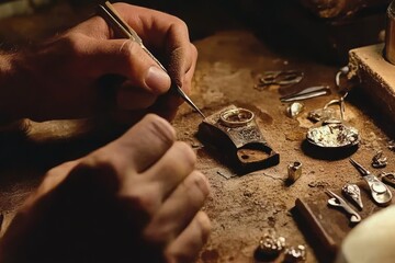 Aufkleber - A craftsman meticulously works on a small metallic object amidst various tools and jewelry.