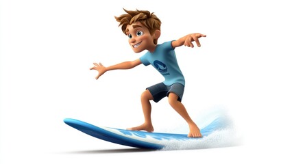 Poster - A young animated boy surfing on a blue surfboard, showcasing excitement and adventure.