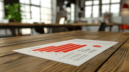 Aufkleber - A report on a wooden table, featuring bar graphs in red, likely for business analysis.
