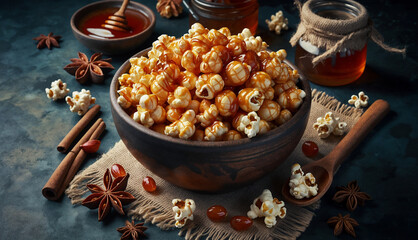 Poster - A bowl of caramel popcorn with cinnamon sticks, anise stars, and honey in a rustic setting