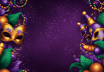 Wall Mural - Mardi Gras background with beads and masks on a purple background with copy space.