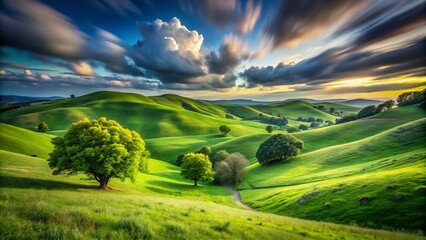 Poster - Long Exposure of Wild Rolling Hills Capturing the Serenity of Nature with Lush Grass and Whispering Trees Under a Dramatic Sky