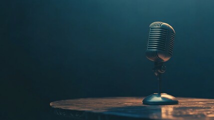 Aufkleber - A vintage microphone on a stage, ready for a performance.