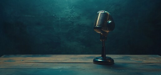 Aufkleber - A vintage microphone stands on a wooden table against a dark background.