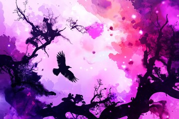 Poster - A colorful nebula with a silhouette of a recognizable  bird