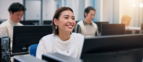 Aufkleber - Japanese woman, smile and thinking of business ideas, future vision or dream in creative startup. Happy, computer or worker with reflection, planning or journalist with inspiration for news article